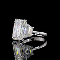14K White Gold Three Stone Ring with 7.01 Carats Emerald Cut Lab Diamond and Trapezoid Side Stones - 10.08 Carats Total Diamond Weight - Covaloro Fine Jewelry