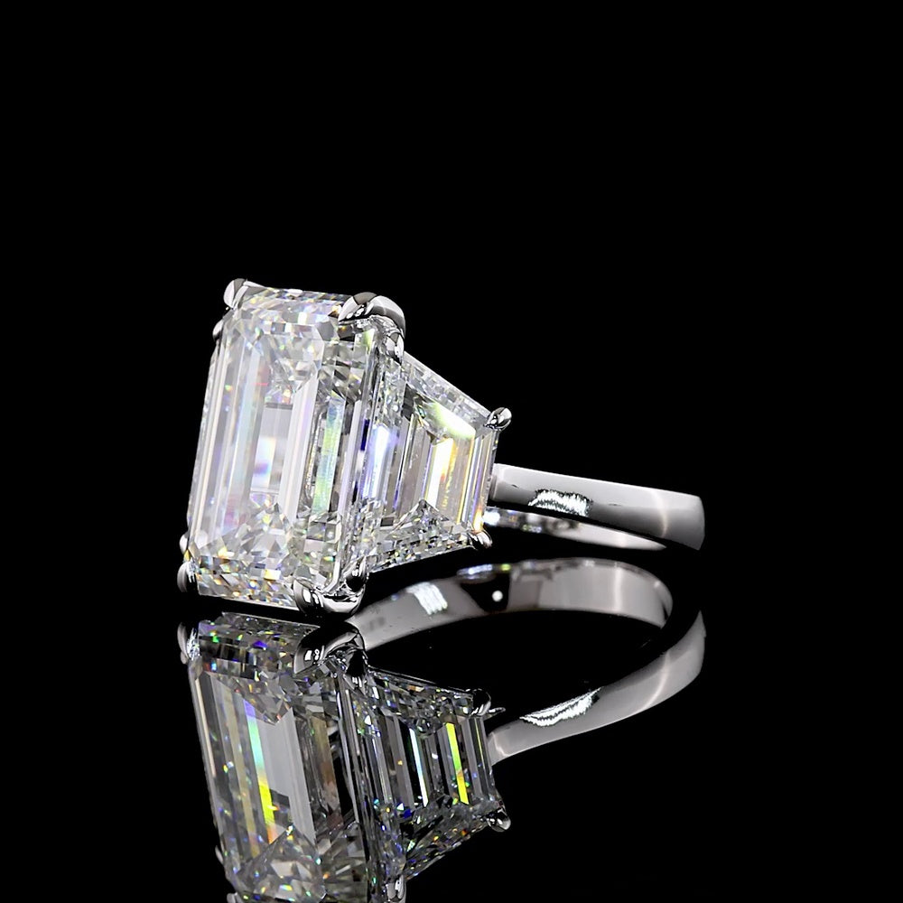 14K White Gold Three Stone Ring with 7.01 Carats Emerald Cut Lab Diamond and Trapezoid Side Stones - 10.08 Carats Total Diamond Weight - Covaloro Fine Jewelry