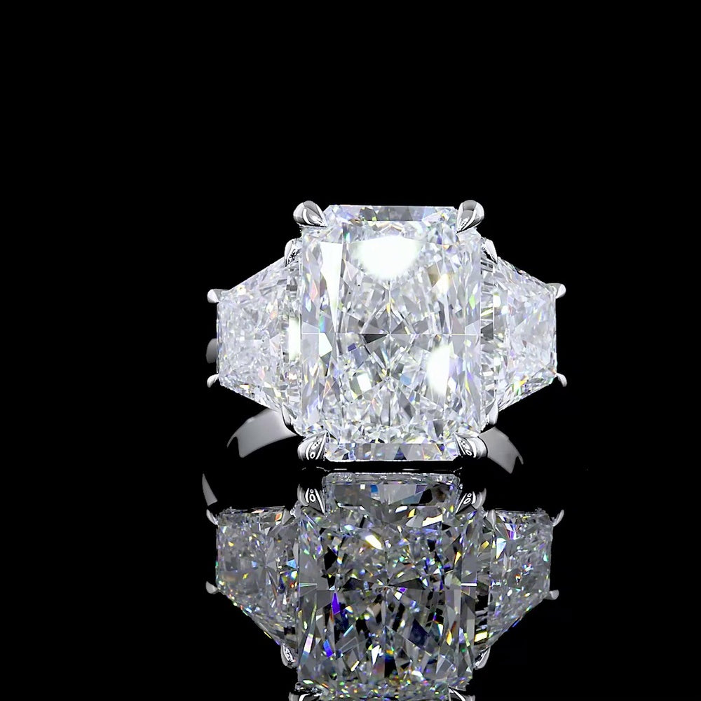 14K White Gold Three-Stone Ring with 7.27 Carat Radiant Cut Lab Diamond and Half Moon Side Stones - 10.38 Carat Total Diamond Weight - Covaloro Fine Jewelry