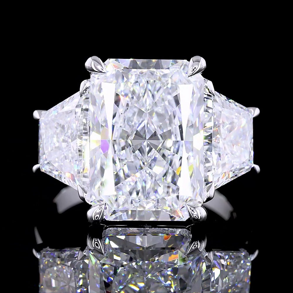 14K White Gold Three-Stone Ring with 7.27 Carat Radiant Cut Lab Diamond and Half Moon Side Stones - 10.38 Carat Total Diamond Weight - Covaloro Fine Jewelry