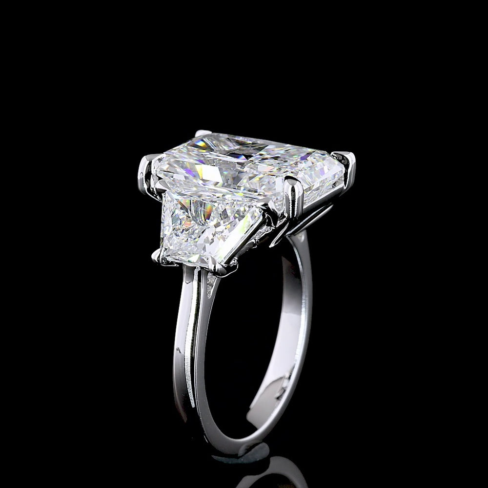 14K White Gold Three-Stone Ring with 7.27 Carat Radiant Cut Lab Diamond and Half Moon Side Stones - 10.38 Carat Total Diamond Weight - Covaloro Fine Jewelry