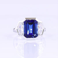 14K White Gold Three Stone Ring with 7.45 Carats Emerald Cut Lab Blue Sapphire and 2.39 Carats Emerald Cut Lab Diamonds - 9.84 Carats Total Gem Weight - Covaloro Fine Jewelry