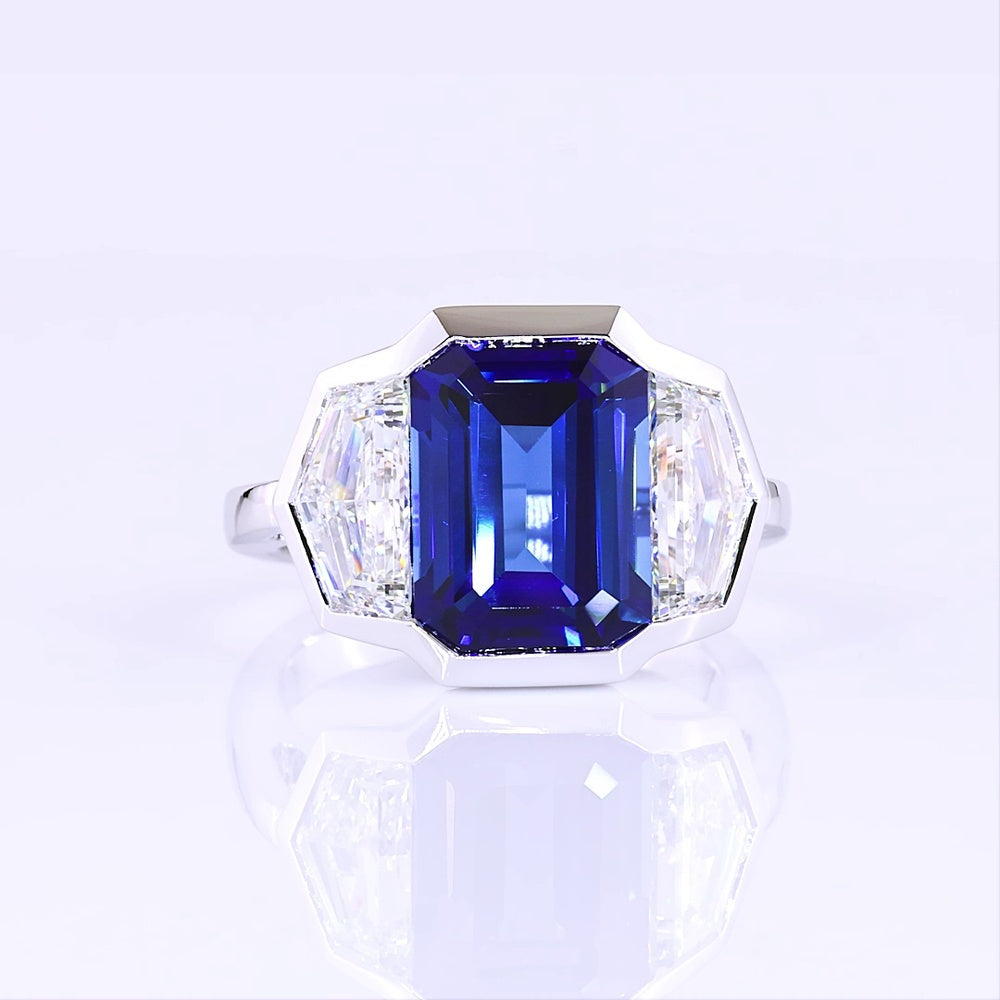 14K White Gold Three Stone Ring with 7.45 Carats Emerald Cut Lab Blue Sapphire and 2.39 Carats Emerald Cut Lab Diamonds - 9.84 Carats Total Gem Weight - Covaloro Fine Jewelry