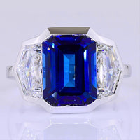14K White Gold Three Stone Ring with 7.45 Carats Emerald Cut Lab Blue Sapphire and 2.39 Carats Emerald Cut Lab Diamonds - 9.84 Carats Total Gem Weight - Covaloro Fine Jewelry