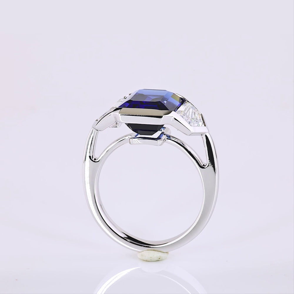 14K White Gold Three Stone Ring with 7.45 Carats Emerald Cut Lab Blue Sapphire and 2.39 Carats Emerald Cut Lab Diamonds - 9.84 Carats Total Gem Weight - Covaloro Fine Jewelry