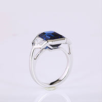14K White Gold Three Stone Ring with 7.45 Carats Emerald Cut Lab Blue Sapphire and 2.39 Carats Emerald Cut Lab Diamonds - 9.84 Carats Total Gem Weight - Covaloro Fine Jewelry