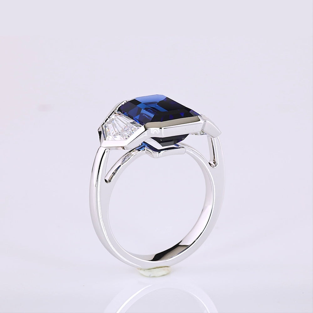 14K White Gold Three Stone Ring with 7.45 Carats Emerald Cut Lab Blue Sapphire and 2.39 Carats Emerald Cut Lab Diamonds - 9.84 Carats Total Gem Weight - Covaloro Fine Jewelry