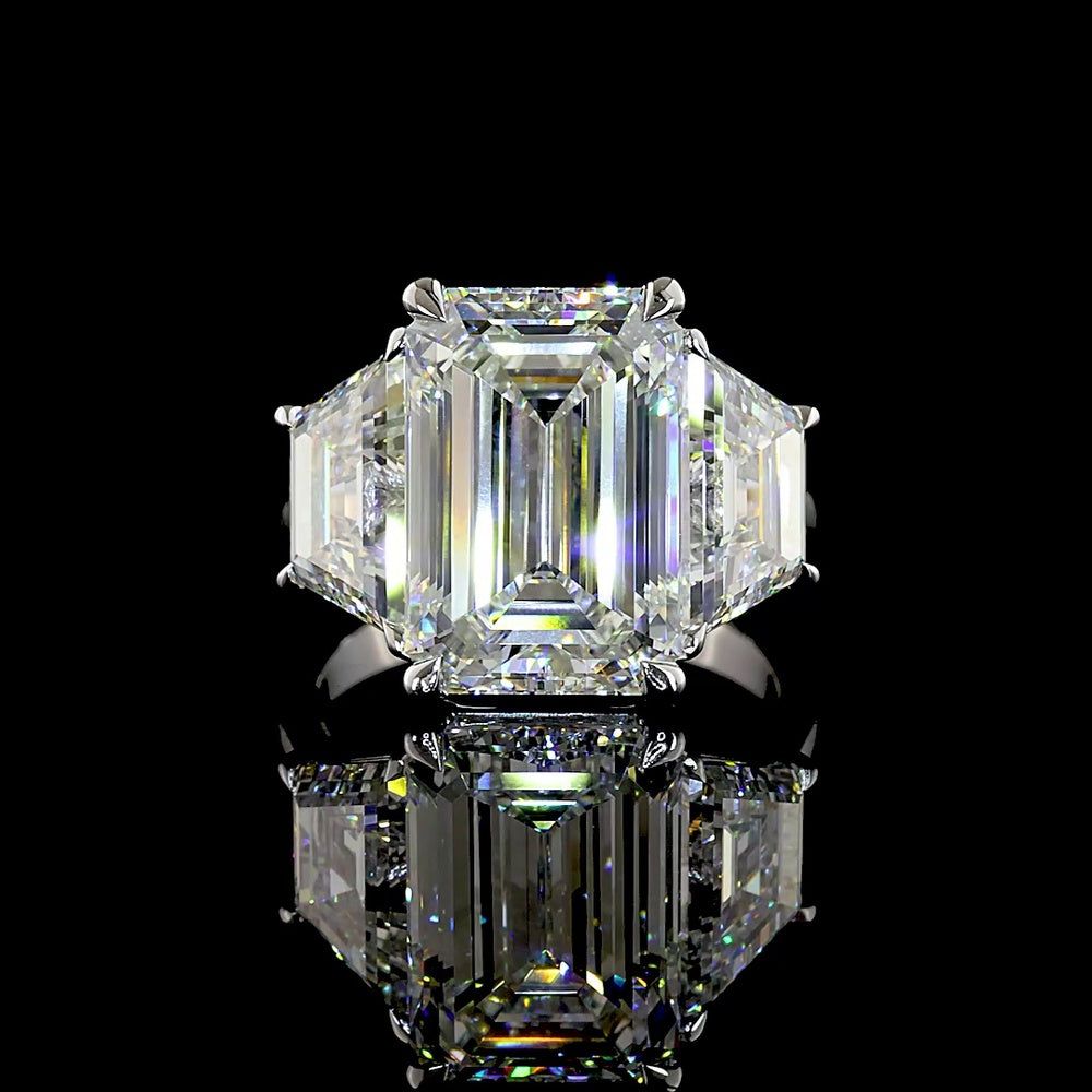 14K White Gold Three Stone Ring with 8.02 Carats Emerald Cut Lab Diamond and Trapezoid Side Stones - 12.07 Carats Total Diamond Weight - Covaloro Fine Jewelry