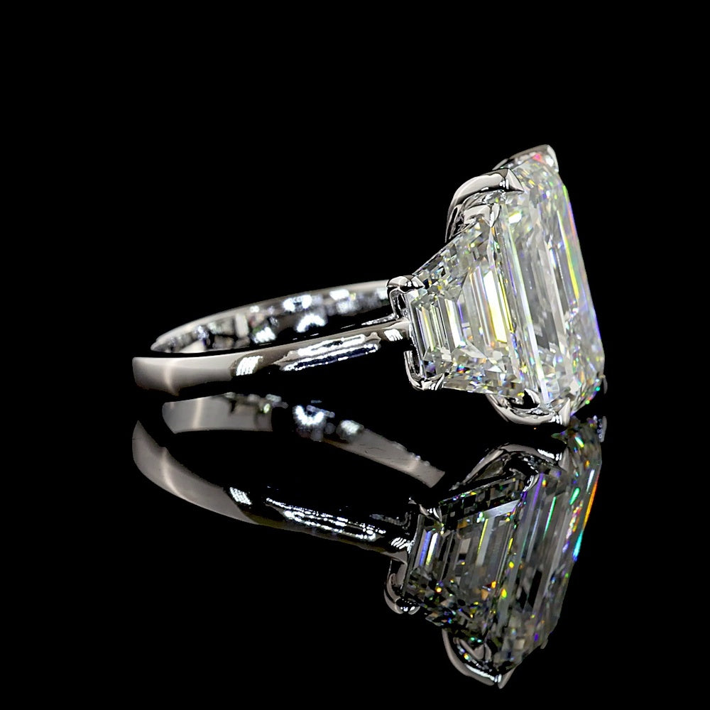 14K White Gold Three Stone Ring with 8.02 Carats Emerald Cut Lab Diamond and Trapezoid Side Stones - 12.07 Carats Total Diamond Weight - Covaloro Fine Jewelry