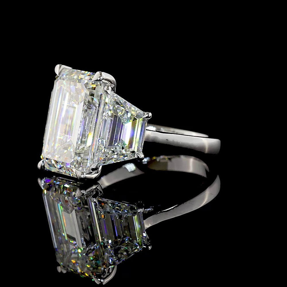 14K White Gold Three Stone Ring with 8.02 Carats Emerald Cut Lab Diamond and Trapezoid Side Stones - 12.07 Carats Total Diamond Weight - Covaloro Fine Jewelry