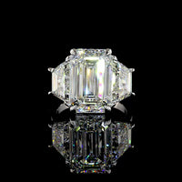 14K White Gold Three Stone Ring with 9.05 Carat Emerald Cut and Trapezoid Lab Diamonds - 13.49 Carat Total Weight, IGI Certified - Covaloro Fine Jewelry