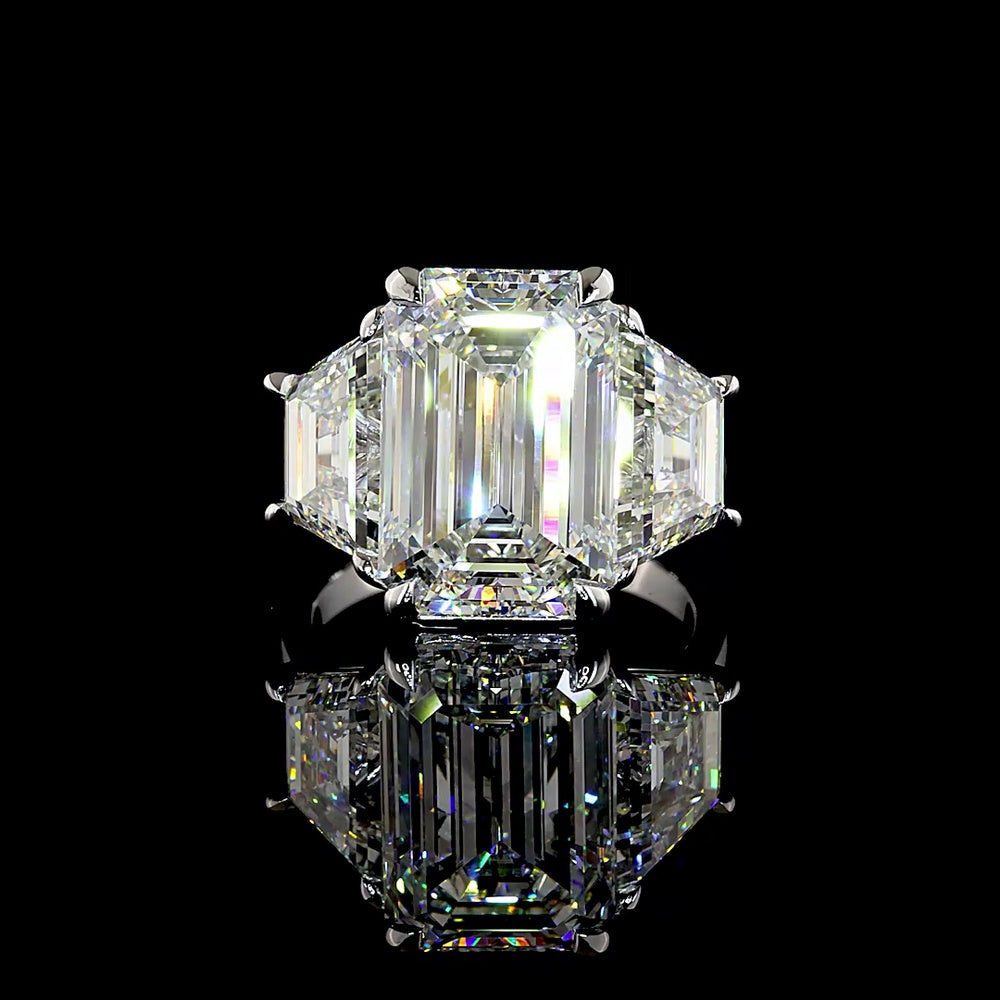 14K White Gold Three Stone Ring with 9.05 Carat Emerald Cut and Trapezoid Lab Diamonds - 13.49 Carat Total Weight, IGI Certified - Covaloro Fine Jewelry
