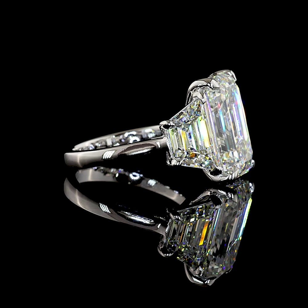 14K White Gold Three Stone Ring with 9.05 Carat Emerald Cut and Trapezoid Lab Diamonds - 13.49 Carat Total Weight, IGI Certified - Covaloro Fine Jewelry