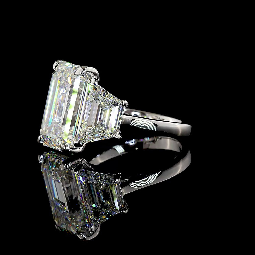 14K White Gold Three Stone Ring with 9.05 Carat Emerald Cut and Trapezoid Lab Diamonds - 13.49 Carat Total Weight, IGI Certified - Covaloro Fine Jewelry