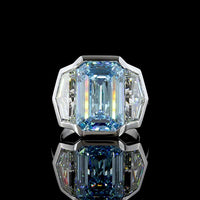 14K White Gold Three Stone Ring with 9.10 Carat Emerald Cut Fancy Vivid Blue Lab Diamond and Cadillac Cut Colorless Side Stones - 12.79 Carat Total Weight - Covaloro Fine Jewelry