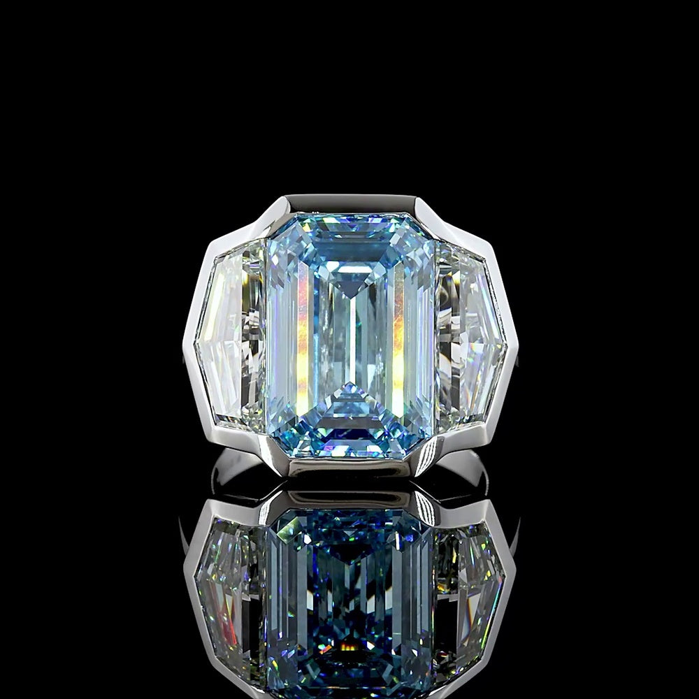 14K White Gold Three Stone Ring with 9.10 Carat Emerald Cut Fancy Vivid Blue Lab Diamond and Cadillac Cut Colorless Side Stones - 12.79 Carat Total Weight - Covaloro Fine Jewelry