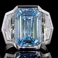 14K White Gold Three Stone Ring with 9.10 Carat Emerald Cut Fancy Vivid Blue Lab Diamond and Cadillac Cut Colorless Side Stones - 12.79 Carat Total Weight - Covaloro Fine Jewelry