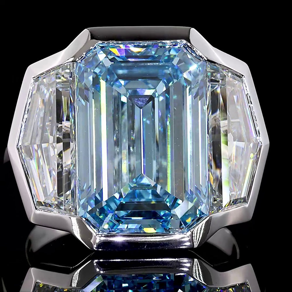 14K White Gold Three Stone Ring with 9.10 Carat Emerald Cut Fancy Vivid Blue Lab Diamond and Cadillac Cut Colorless Side Stones - 12.79 Carat Total Weight - Covaloro Fine Jewelry