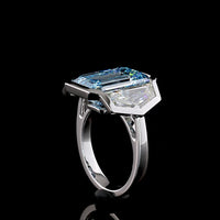 14K White Gold Three Stone Ring with 9.10 Carat Emerald Cut Fancy Vivid Blue Lab Diamond and Cadillac Cut Colorless Side Stones - 12.79 Carat Total Weight - Covaloro Fine Jewelry