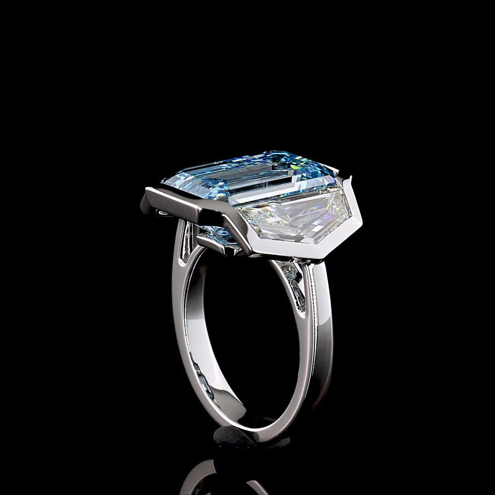 14K White Gold Three Stone Ring with 9.10 Carat Emerald Cut Fancy Vivid Blue Lab Diamond and Cadillac Cut Colorless Side Stones - 12.79 Carat Total Weight - Covaloro Fine Jewelry