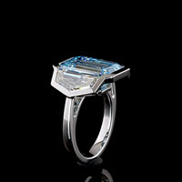 14K White Gold Three Stone Ring with 9.10 Carat Emerald Cut Fancy Vivid Blue Lab Diamond and Cadillac Cut Colorless Side Stones - 12.79 Carat Total Weight - Covaloro Fine Jewelry