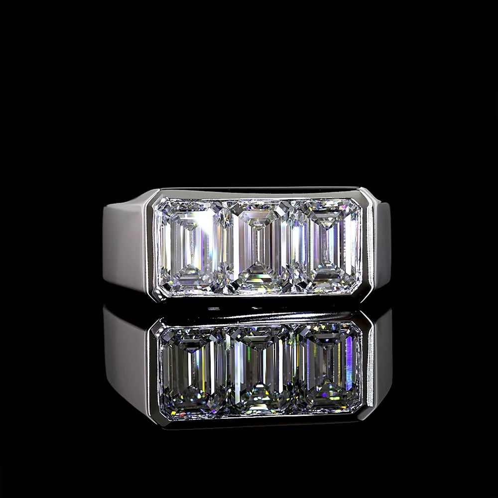 14K White Gold Three Stone Ring with Bezel Set Emerald Cut Lab Diamonds - 2.64 Carat Total Weight, E-F Color, VVS2 Clarity - Covaloro Fine Jewelry