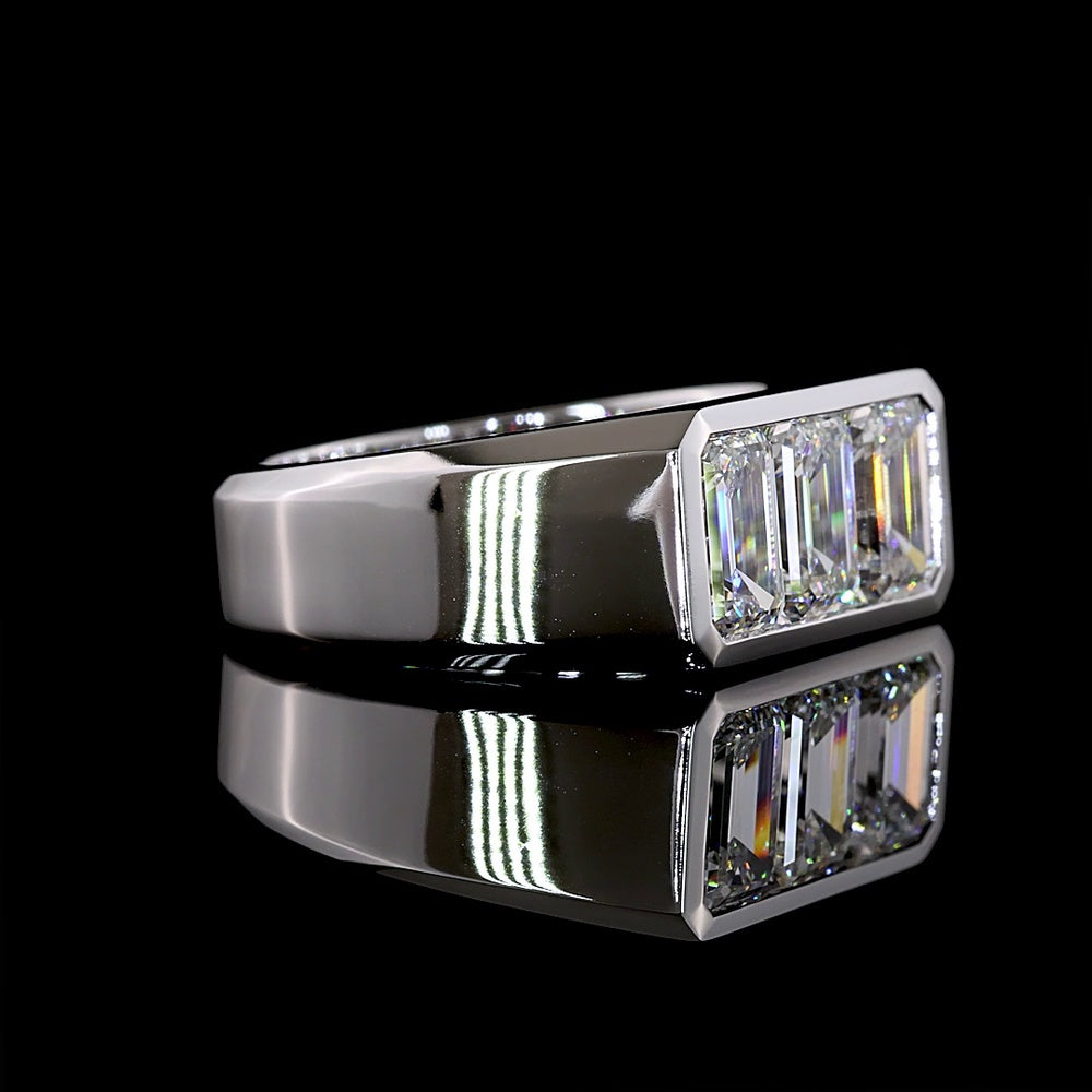 14K White Gold Three Stone Ring with Bezel Set Emerald Cut Lab Diamonds - 2.64 Carat Total Weight, E-F Color, VVS2 Clarity - Covaloro Fine Jewelry