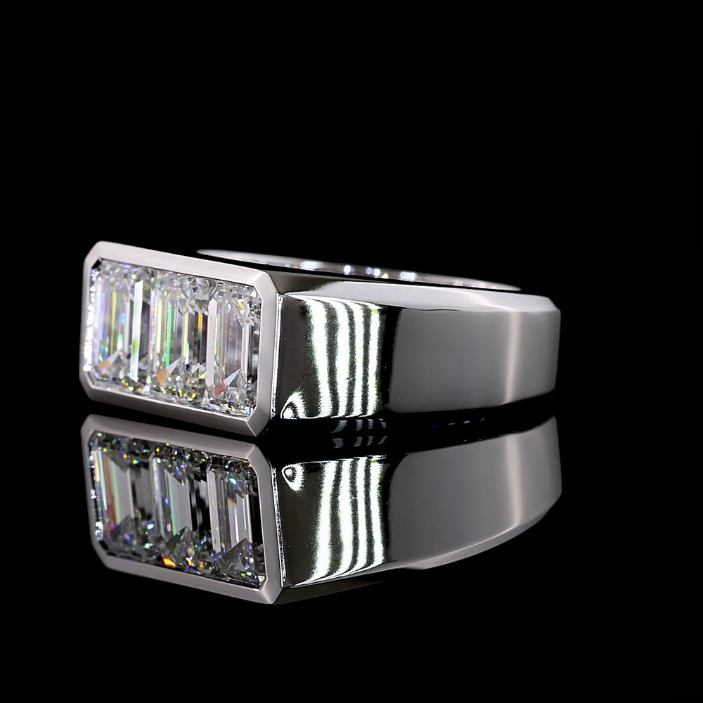 14K White Gold Three Stone Ring with Bezel Set Emerald Cut Lab Diamonds - 2.64 Carat Total Weight, E-F Color, VVS2 Clarity - Covaloro Fine Jewelry