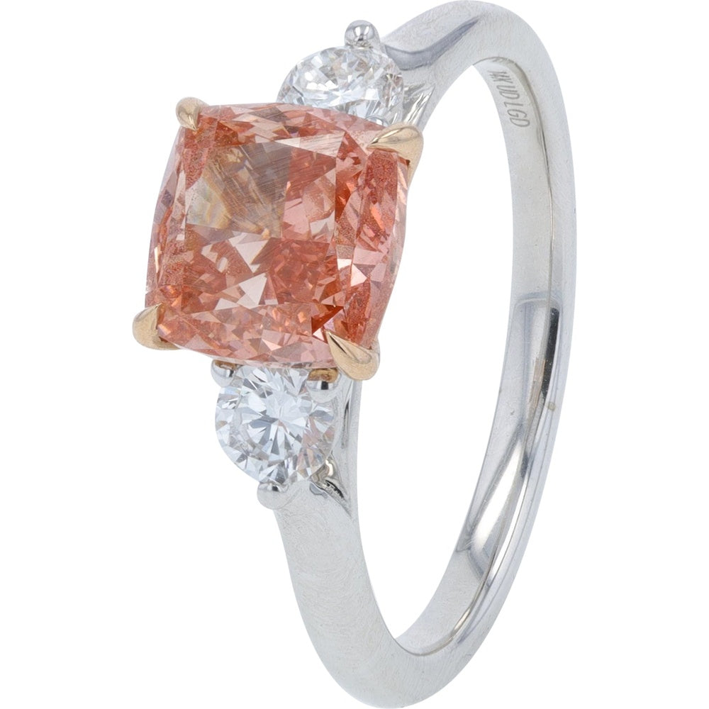 14K White Gold Three-Stone Ring with Cushion Cut Peach Lab Grown Diamond and Round Clear Side Stones - 3.80 Carat Total Diamond Weight