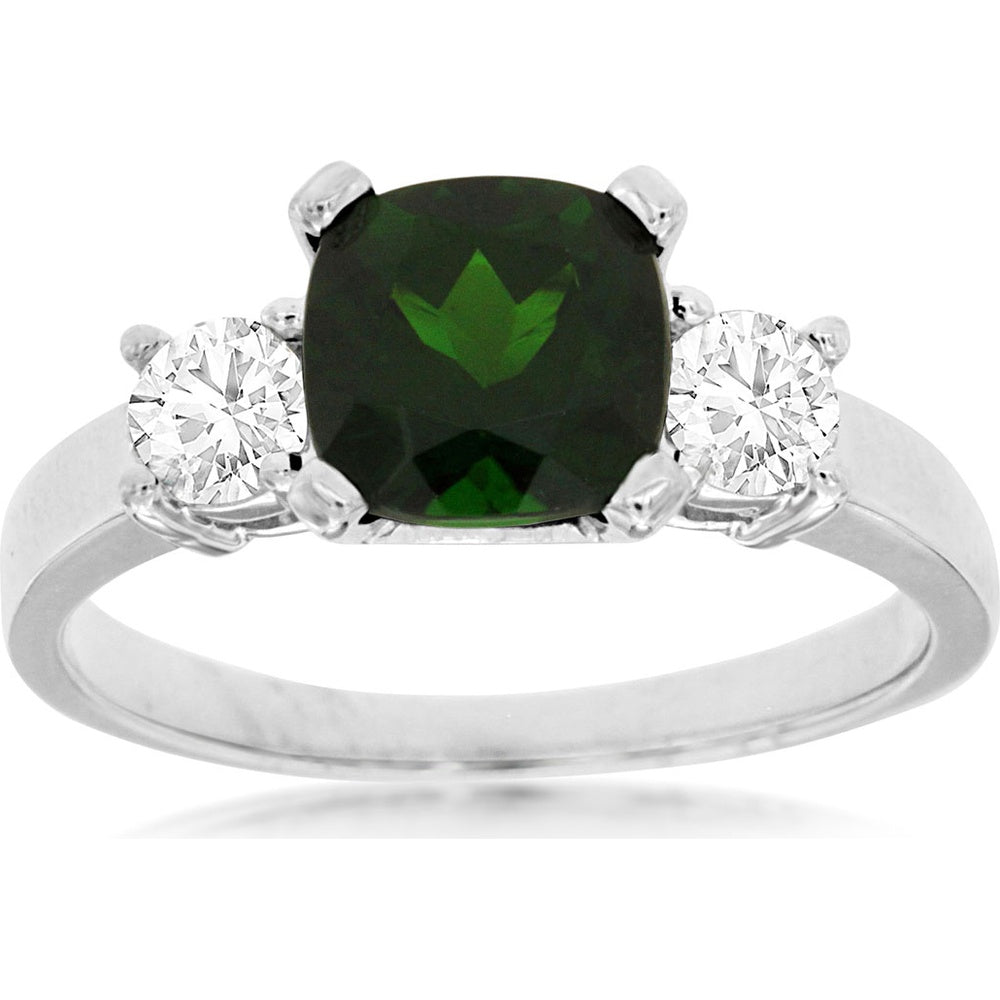 14K White Gold Three-Stone Ring with Cushion-Cut Russalite and Round Diamonds - 1.40 Carat Russalite and 0.50 Carat Total Diamond Weight - Royal Jewelry