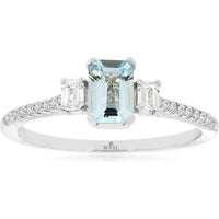14K White Gold Three-Stone Ring with Emerald-Cut Aquamarine and Diamond Accents - 0.45 Carat Aquamarine and 0.28 Carat Total Diamond Weight - Royal Jewelry