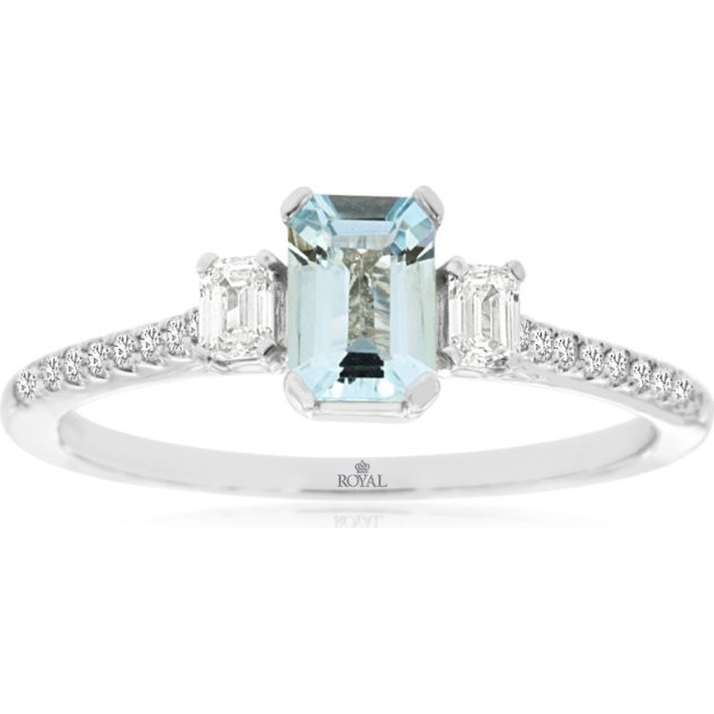 14K White Gold Three-Stone Ring with Emerald-Cut Aquamarine and Diamond Accents - 0.45 Carat Aquamarine and 0.28 Carat Total Diamond Weight - Royal Jewelry