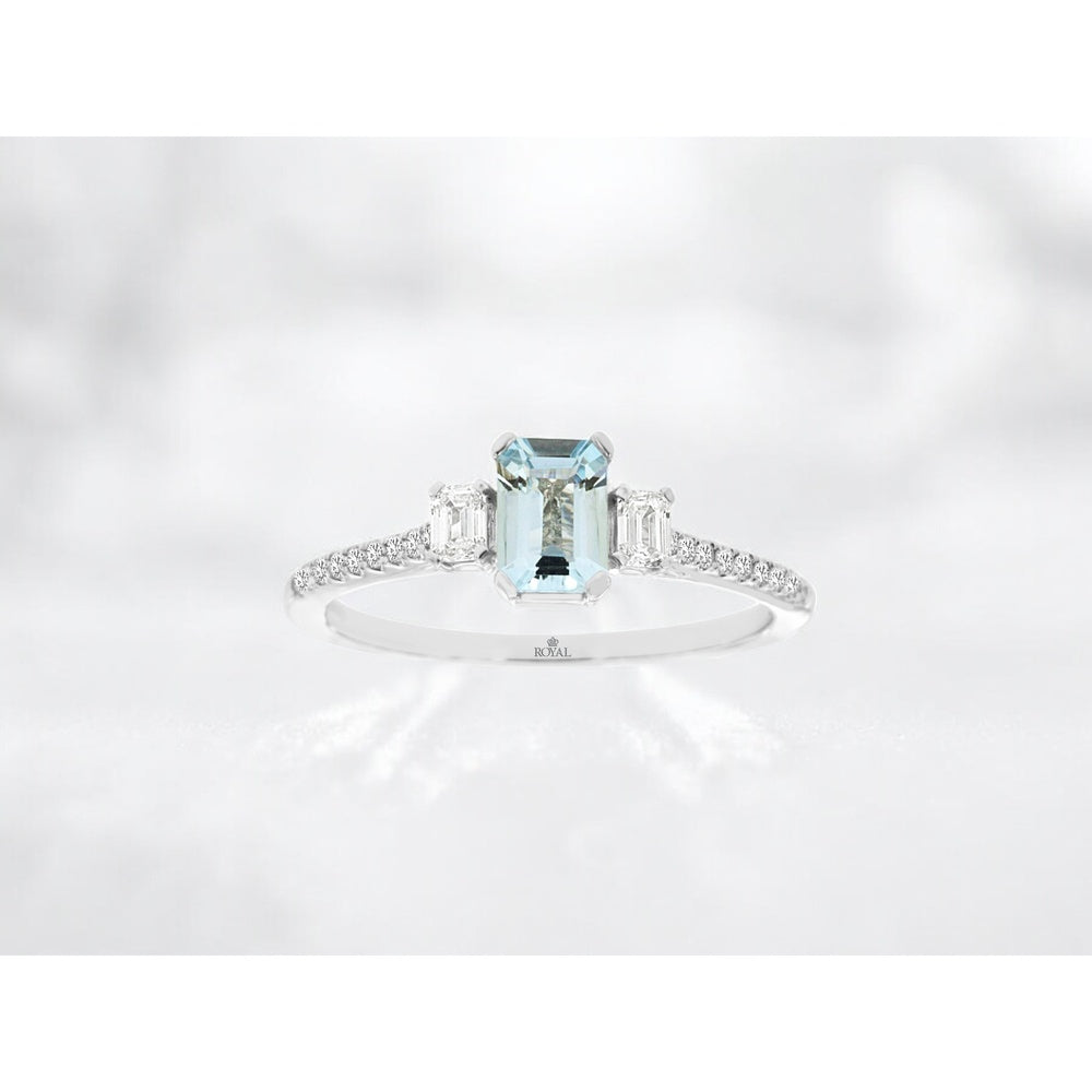 14K White Gold Three-Stone Ring with Emerald-Cut Aquamarine and Diamond Accents - 0.45 Carat Aquamarine and 0.28 Carat Total Diamond Weight - Royal Jewelry