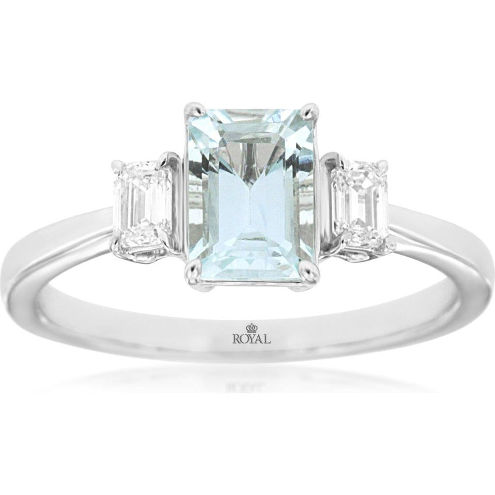 14K White Gold Three-Stone Ring with Emerald-Cut Aquamarine and Diamond Side Stones - 0.87 Carat Aquamarine and 0.28 Carat Total Diamond Weight - Royal Jewelry
