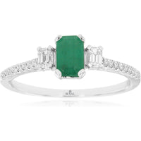 14K White Gold Three-Stone Ring with Emerald-Cut Emerald and Diamond Side Stones - 0.55 Carat Emerald and 0.28 Carat Total Diamond Weight - Royal Jewelry