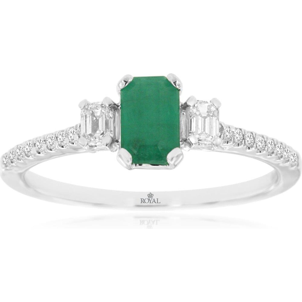 14K White Gold Three-Stone Ring with Emerald-Cut Emerald and Diamond Side Stones - 0.55 Carat Emerald and 0.28 Carat Total Diamond Weight - Royal Jewelry