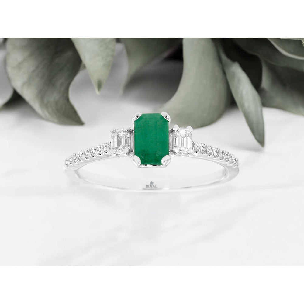 14K White Gold Three-Stone Ring with Emerald-Cut Emerald and Diamond Side Stones - 0.55 Carat Emerald and 0.28 Carat Total Diamond Weight - Royal Jewelry