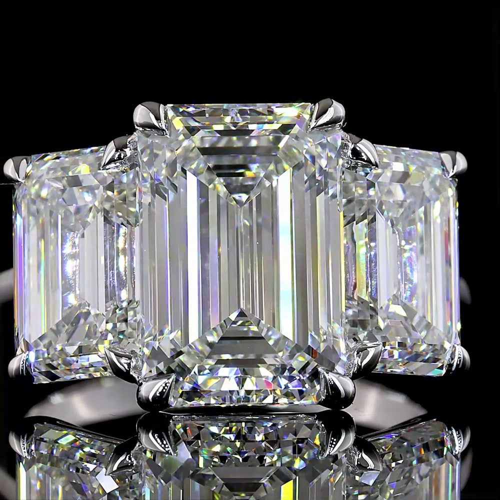 14K White Gold Three-Stone Ring with Emerald Cut Lab Diamonds - 3.62 Carat Center Stone, 7.08 Carat Total Weight - Covaloro Fine Jewelry