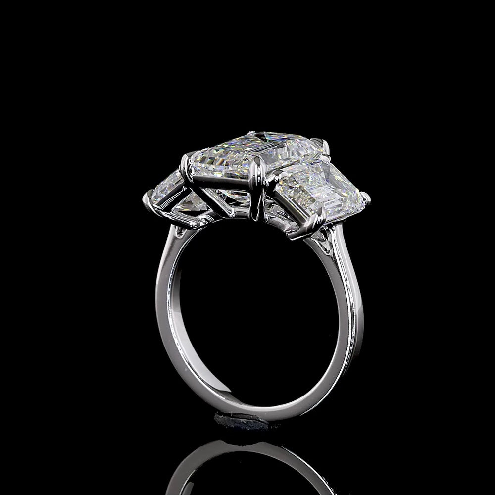 14K White Gold Three-Stone Ring with Emerald Cut Lab Diamonds - 3.62 Carat Center Stone, 7.08 Carat Total Weight - Covaloro Fine Jewelry