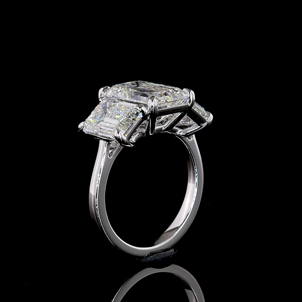 14K White Gold Three-Stone Ring with Emerald Cut Lab Diamonds - 3.62 Carat Center Stone, 7.08 Carat Total Weight - Covaloro Fine Jewelry