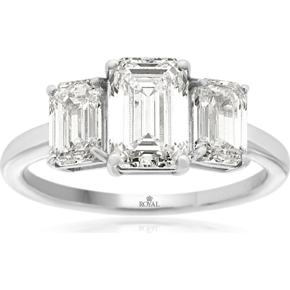 14K White Gold Three-Stone Ring with Emerald Cut Lab Grown Diamonds - 2.90 Carat Total Diamond Weight - Royal Jewelry
