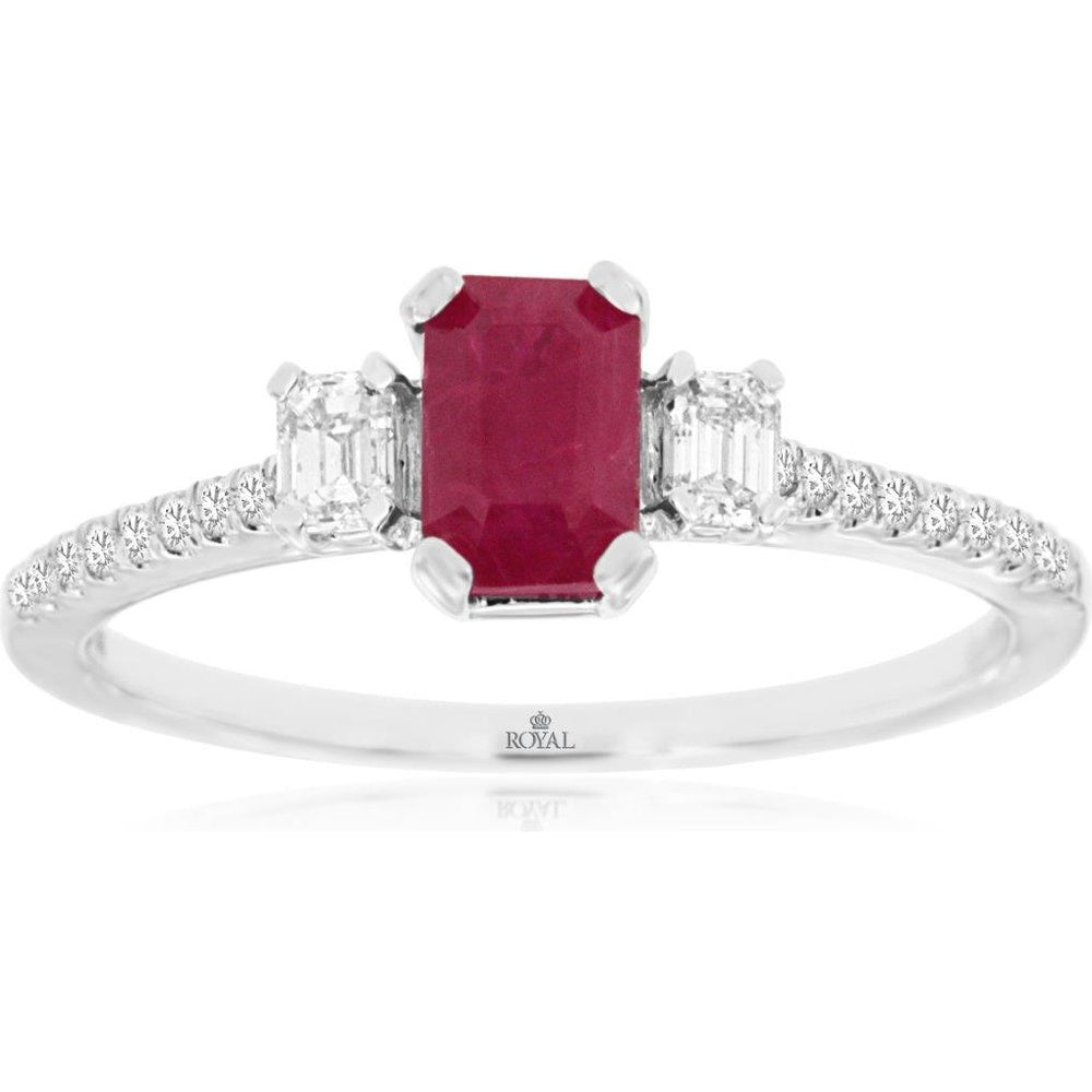 14K White Gold Three-Stone Ring with Emerald-Cut Ruby and Diamond Side Stones - 0.64 Carat Ruby and 0.28 Carat Total Diamond Weight - Royal Jewelry