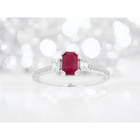 14K White Gold Three-Stone Ring with Emerald-Cut Ruby and Diamond Side Stones - 0.64 Carat Ruby and 0.28 Carat Total Diamond Weight - Royal Jewelry