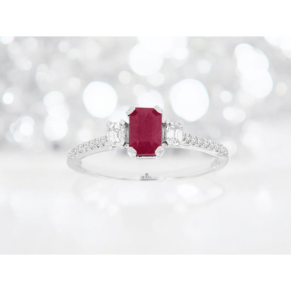 14K White Gold Three-Stone Ring with Emerald-Cut Ruby and Diamond Side Stones - 0.64 Carat Ruby and 0.28 Carat Total Diamond Weight - Royal Jewelry