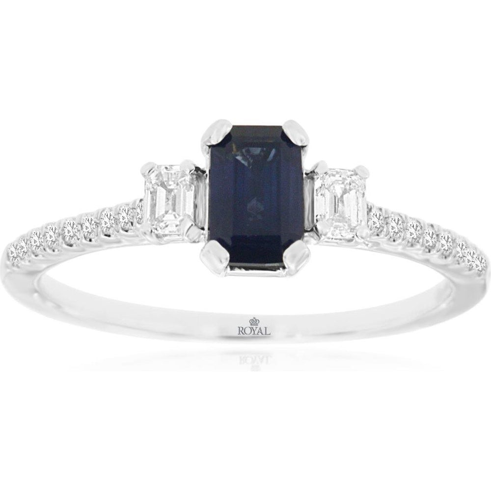 14K White Gold Three-Stone Ring with Emerald-Cut Sapphire and Diamond Accents - 0.70 Carat Center Sapphire and 0.28 Carat Total Diamond Weight - Royal Jewelry