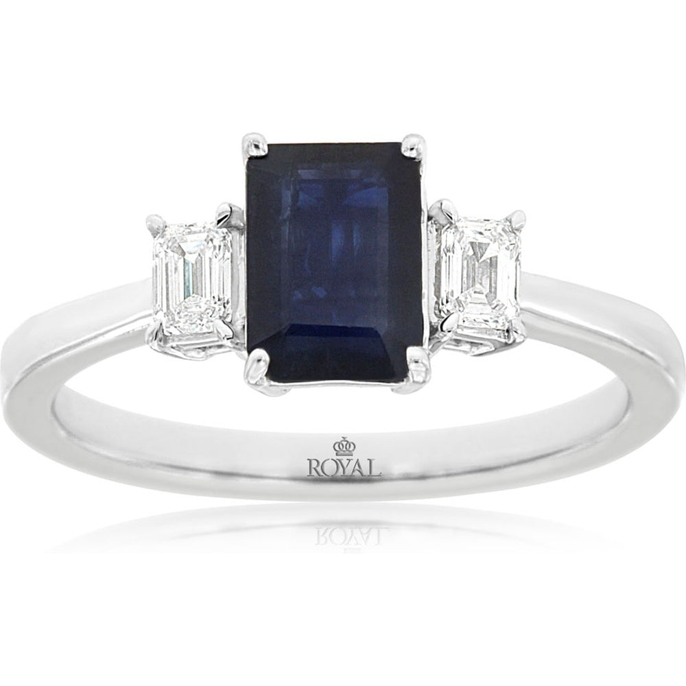 14K White Gold Three-Stone Ring with Emerald-Cut Sapphire and Emerald-Cut Diamond Accents - 1.05 Carat Sapphire and 0.28 Carat Total Diamond Weight - Royal Jewelry