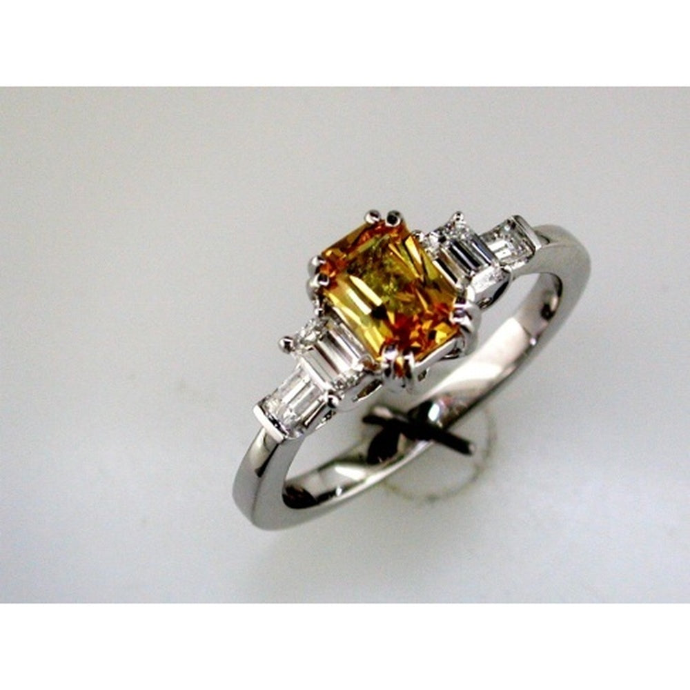 14K White Gold Three-Stone Ring with Emerald-Cut Yellow Sapphire and Mixed-Cut Diamond Accents - 1.10 Carat Yellow Sapphire and 0.52 Carat Total Diamond Weight - Royal Jewelry