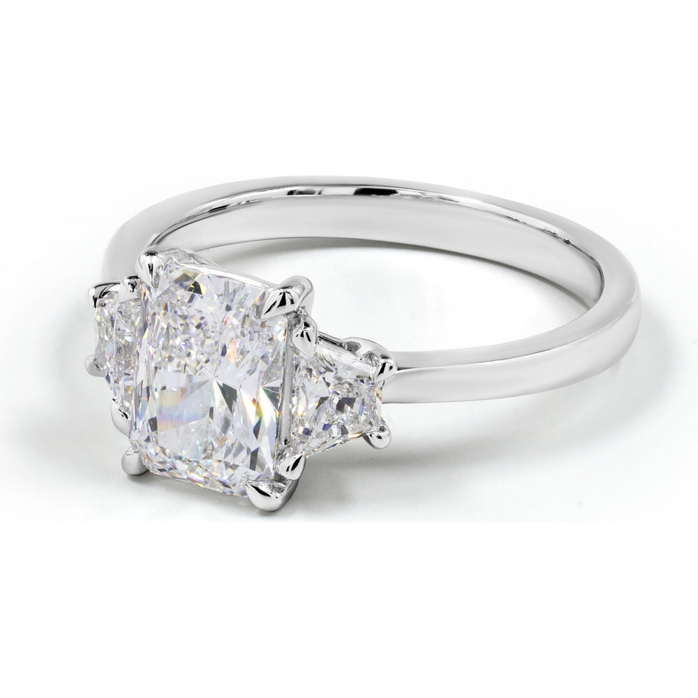 14K White Gold Three-Stone Ring with North-South Radiant Cut Lab Diamond and Side Stones, 1.34 Carat Total Diamond Weight, E-F Color VS1 Clarity - Covaloro Fine Jewelry