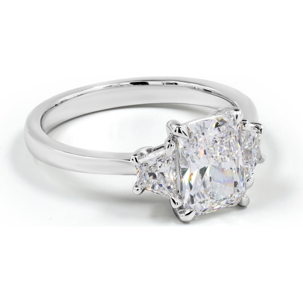 14K White Gold Three-Stone Ring with North-South Radiant Cut Lab Diamond and Side Stones, 1.34 Carat Total Diamond Weight, E-F Color VS1 Clarity - Covaloro Fine Jewelry