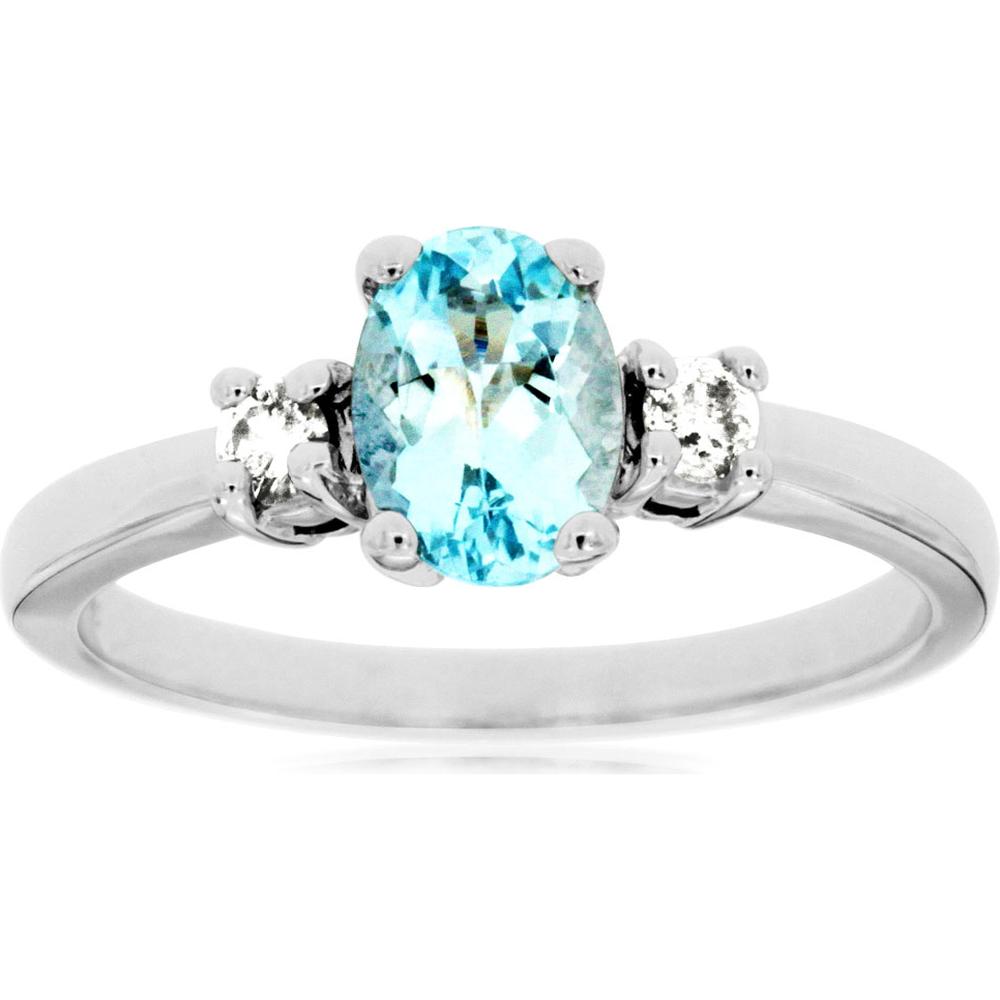 14K White Gold Three-Stone Ring with Oval Aquamarine and Round Diamond Accents - 0.77 Carat Total Gem Weight - Royal Jewelry